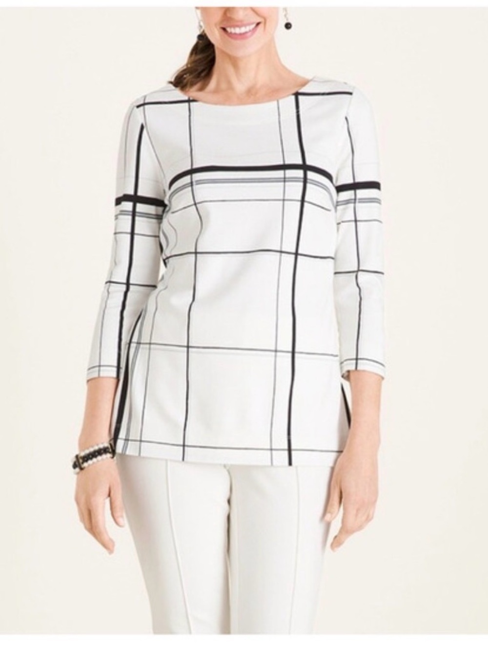 New! Chico’s KNIT TOP
PLAID TOP TOP 3/4 SLV PATTERN
BLACK/WHITE 2